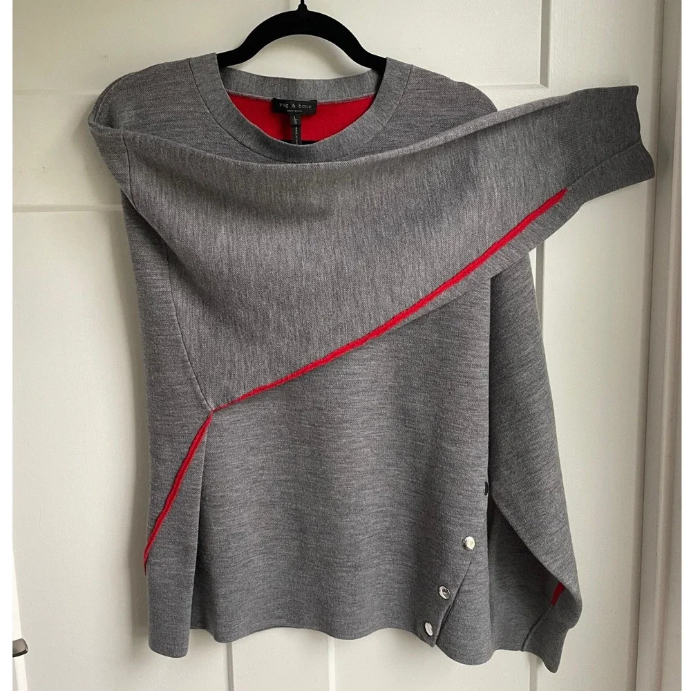 rag & bone Asymmetric Side Snap Gray Merino Wool Sweater Cotton Crewneck Large L